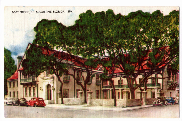 Vintage postcard of a building with a red roof and trees in St. Augustine, Florida.
