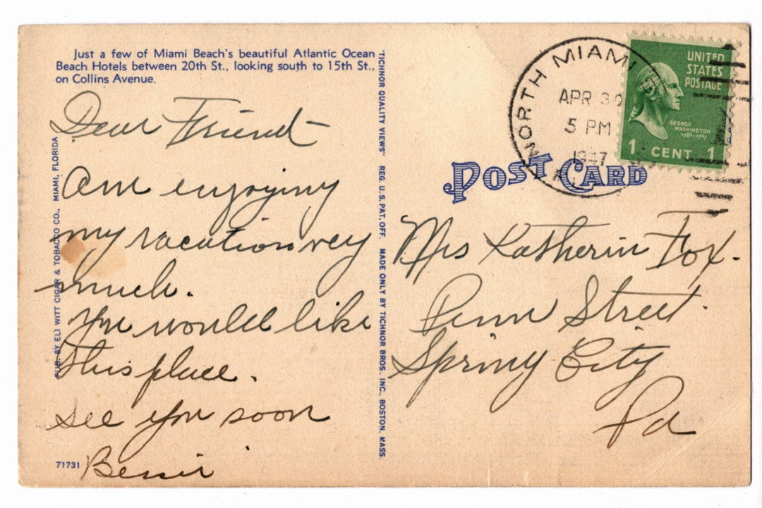1941 Collins Avenue Hotels Miami Beach Florida Vintage Postcard
