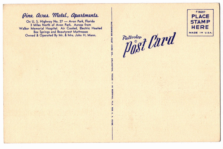 1940s Pine Acres Motel & Apartments Avon Park Florida Vintage Postcard