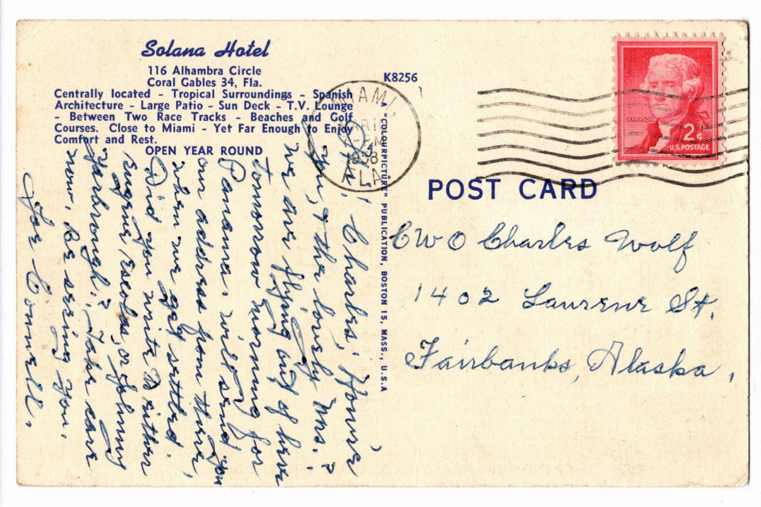1952 Solana Hotel Coral Gables Florida Postcard, La Palma