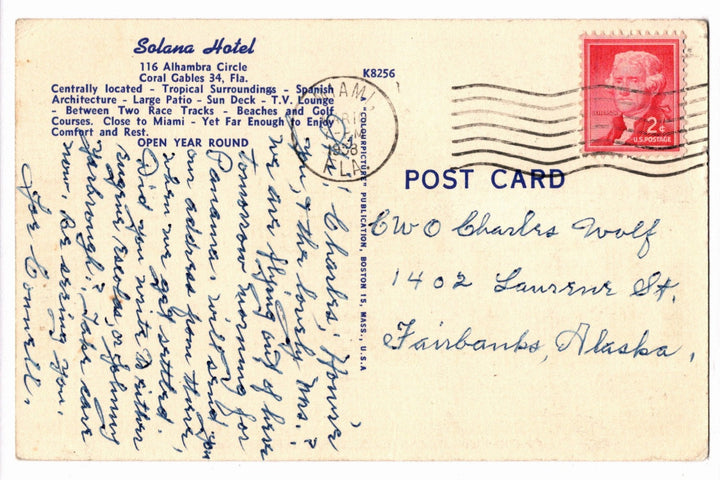 1952 Solana Hotel Coral Gables Florida Postcard, La Palma