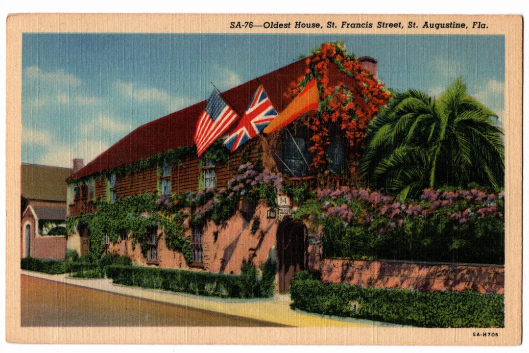 Vintage postcard of the oldest house on St. Francis Street, St. Augustine, Florida.