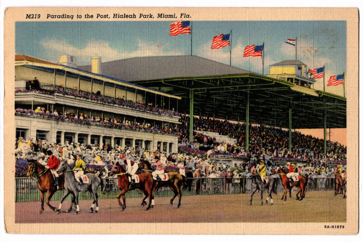 Vintage postcard of a horse race at Hialeah Park in Miami, Florida.