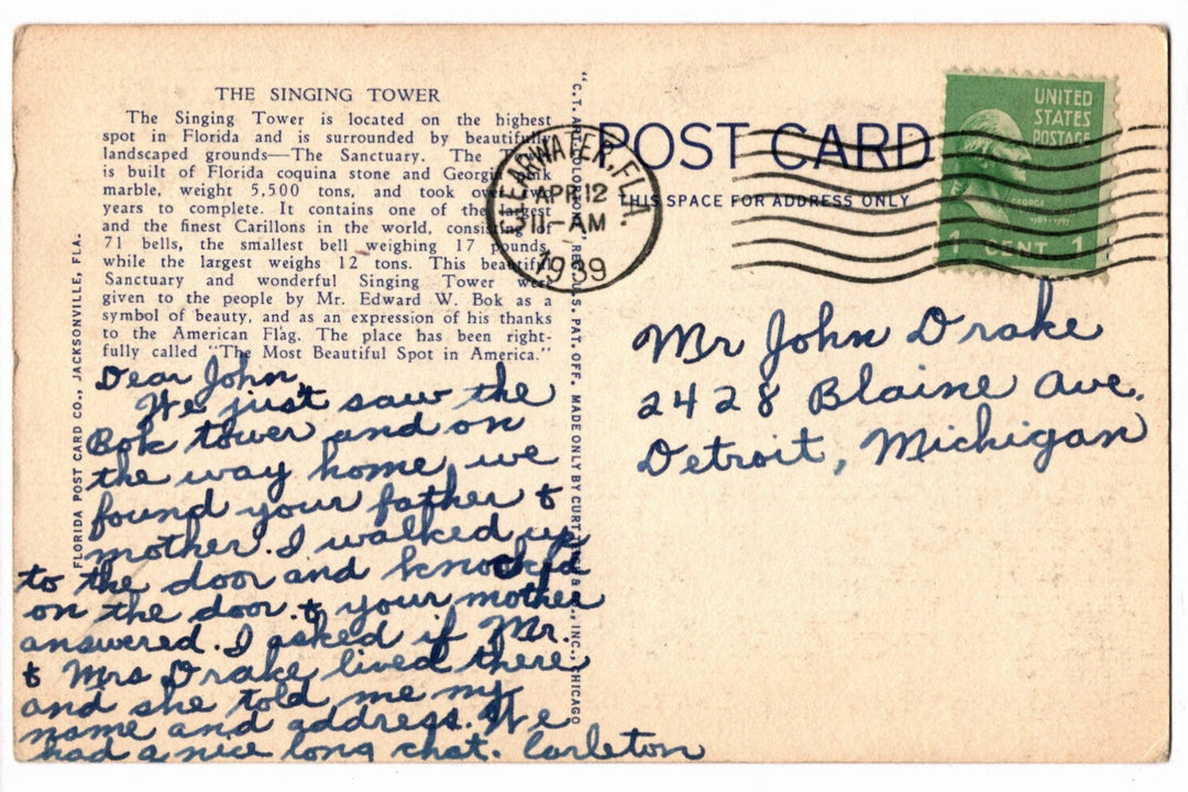 1936 Singing Tower Lake Wales Sanctuary Florida Postcard