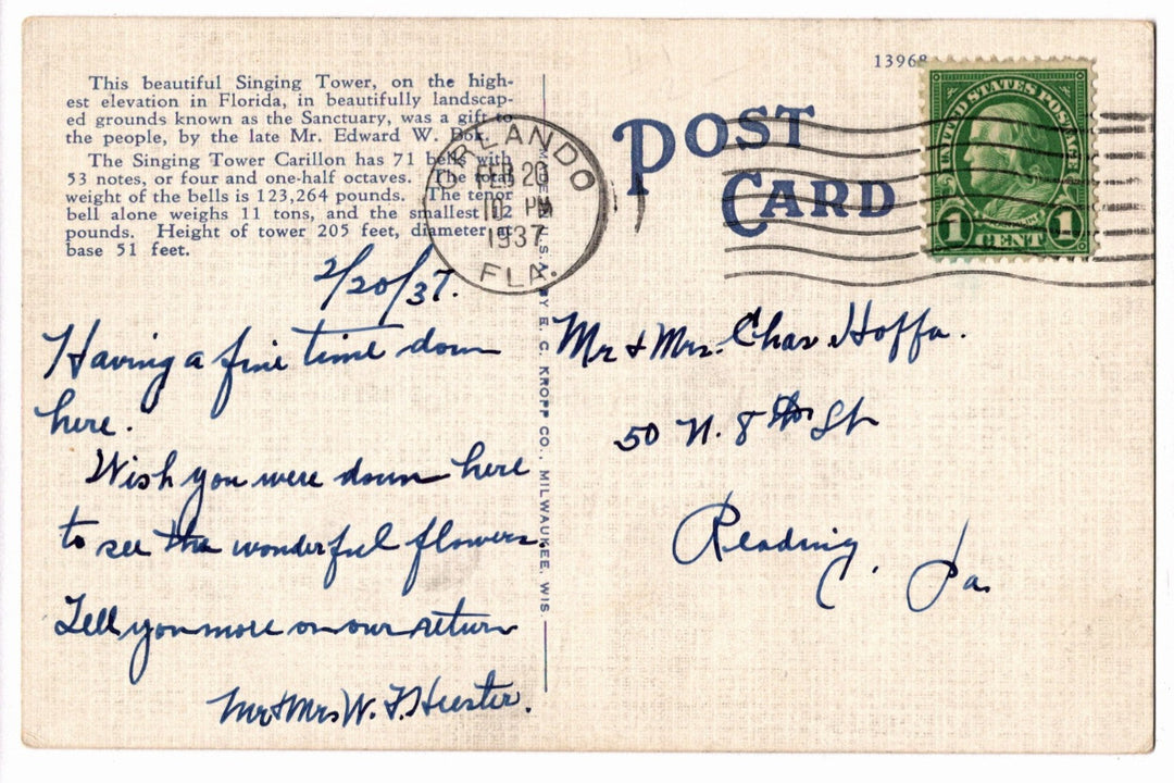 1936 Singing Tower Lake Wales Florida Postcard