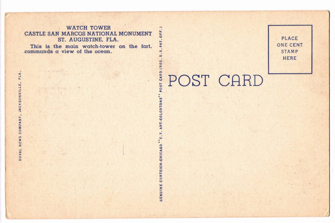 1935 Watch Tower Castillo de San Marcos St Augustine Fla Vintage Postcard