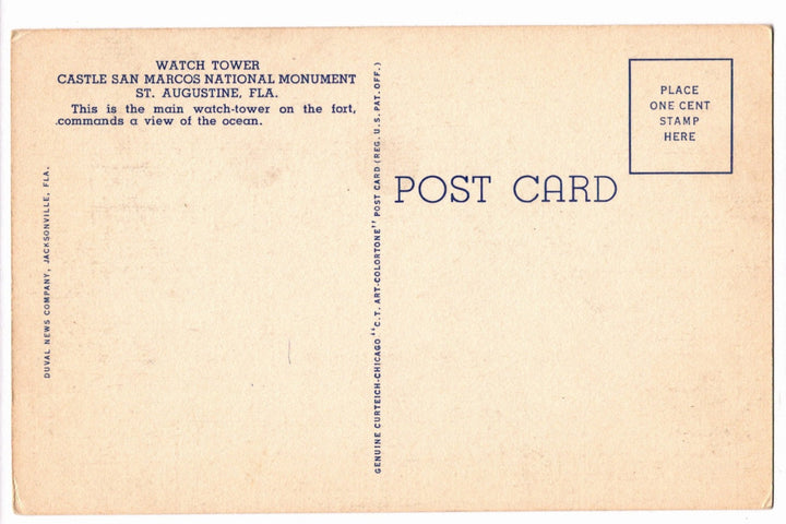 1935 Watch Tower Castillo de San Marcos St Augustine Fla Vintage Postcard