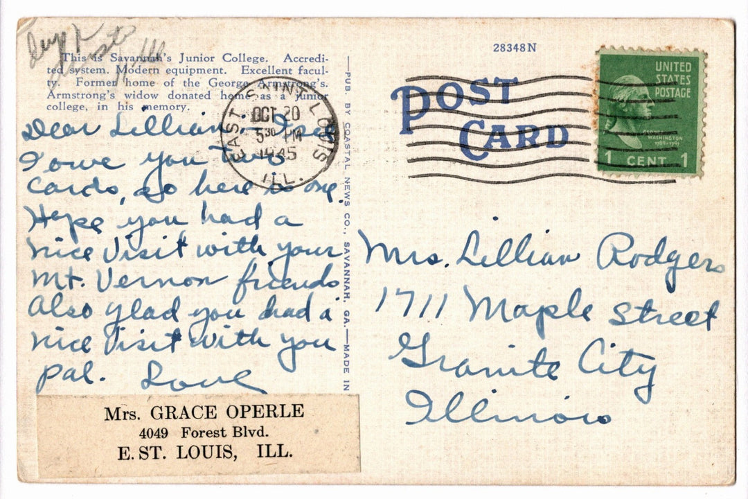 1941 Armstrong College Savannah Georgia Vintage Postcard, Forsythe Park