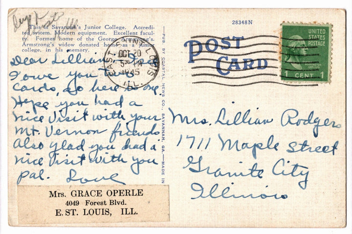 1941 Armstrong College Savannah Georgia Vintage Postcard, Forsythe Park