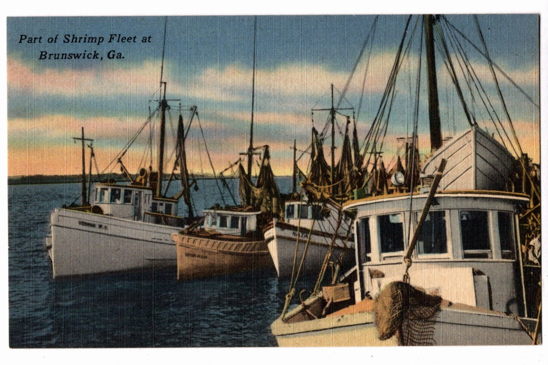 Vintage postcard of shrimp boats docked at Brunswick, GA.