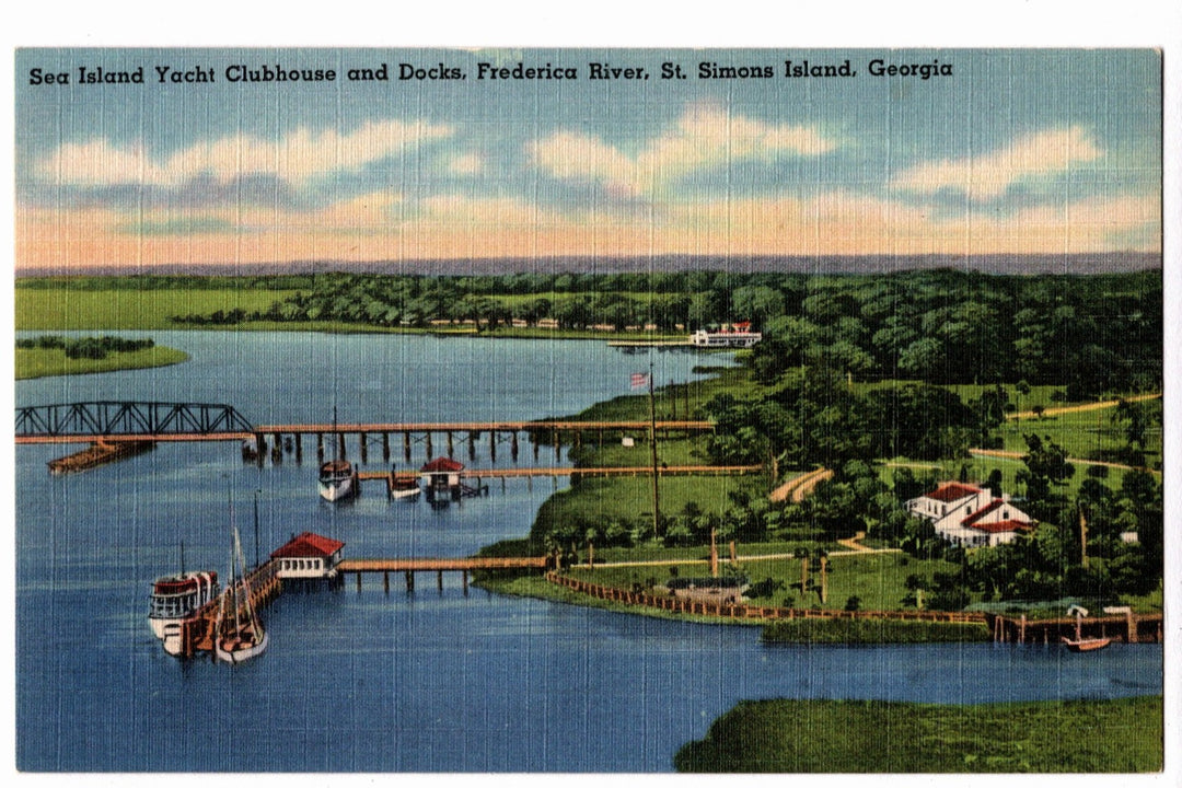 Vintage postcard of Sea Island Yacht Clubhouse and Docks on St. Simons Island, Georgia.