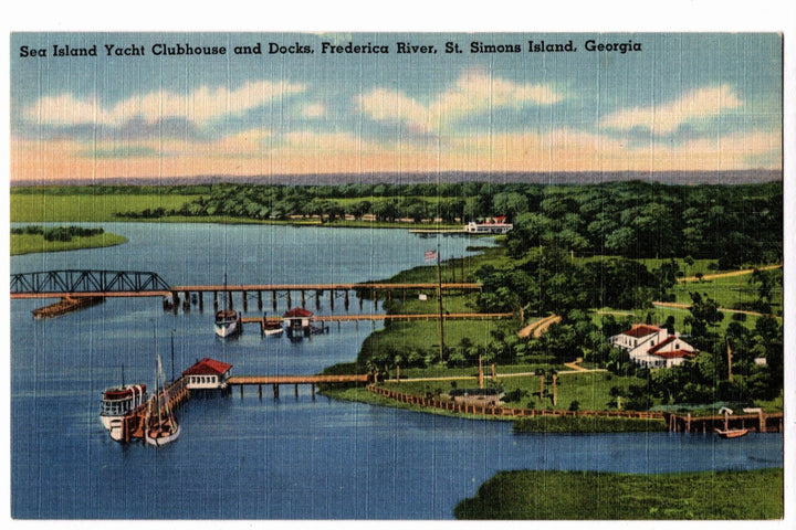 Vintage postcard of Sea Island Yacht Clubhouse and Docks on St. Simons Island, Georgia.