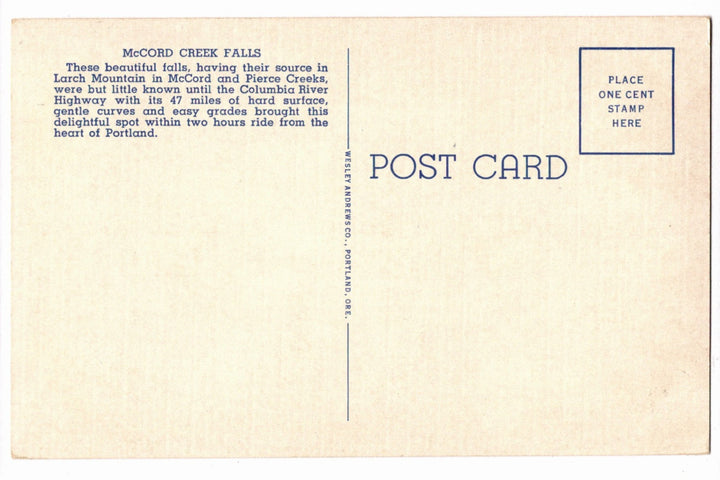 1941 McCord Creek Falls Columbia River Highway Oregon Vintage Postcard