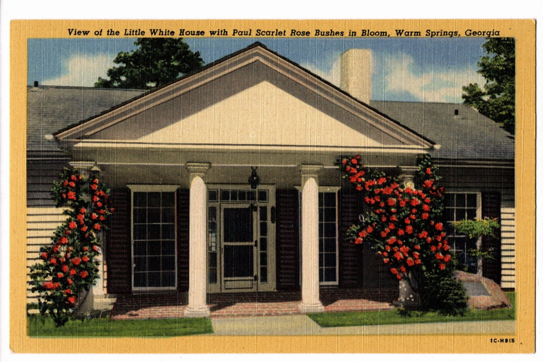 1951 View of the Little White House with Paul Scarlet Rose Bushes in Bloom Warm Springs Georgia Vintage Postcard.
