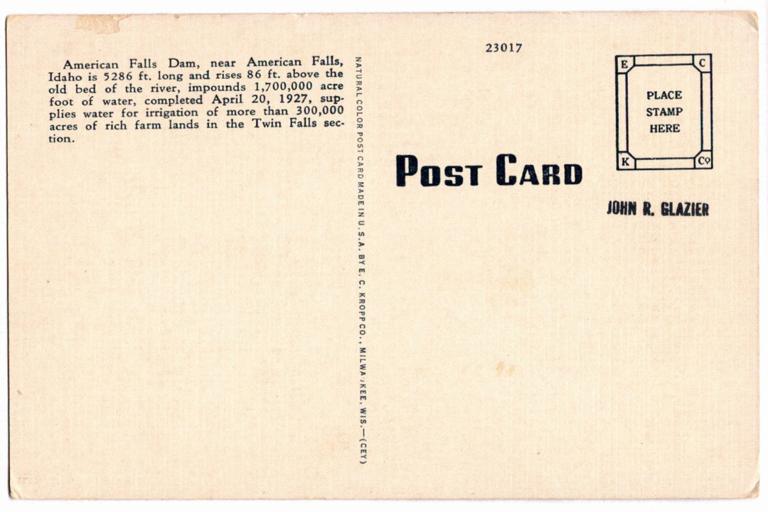 1940 American Falls Dam Idaho Vintage Postcard
