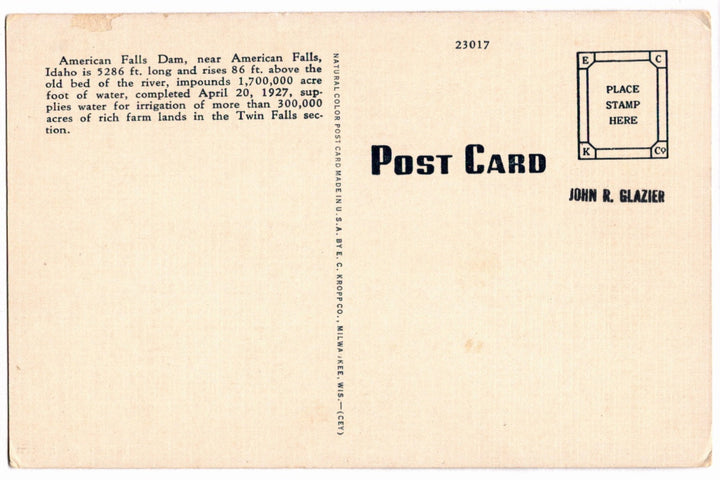 1940 American Falls Dam Idaho Vintage Postcard