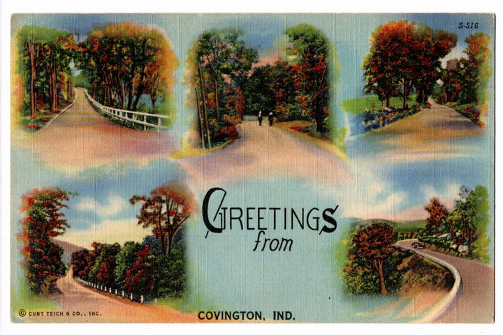1940 Greetings from Covington Indiana Vintage Postcard.
