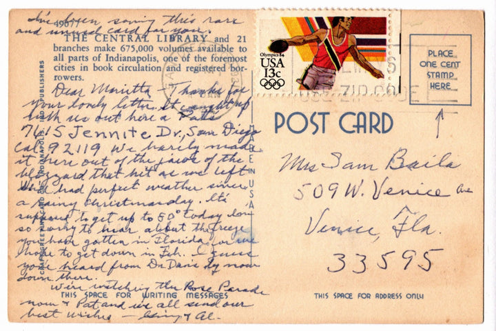 1940s Public Library Indianapolis Indiana Vintage Postcard