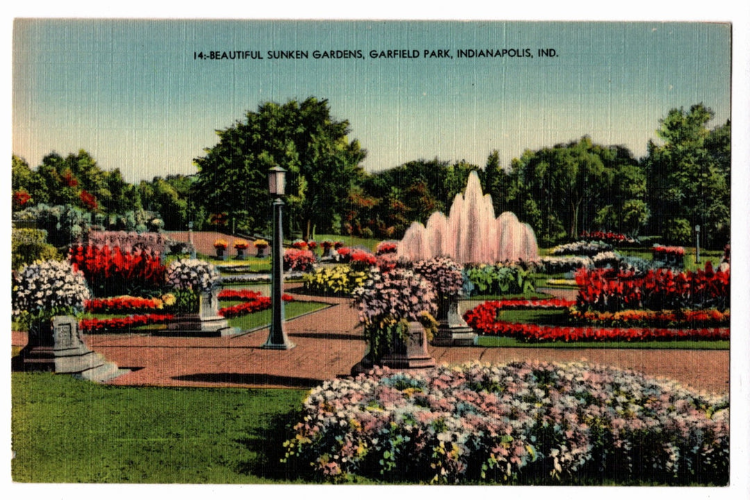 Vintage postcard of Sunken Gardens in Garfield Park, Indianapolis, with fountains and flower beds.