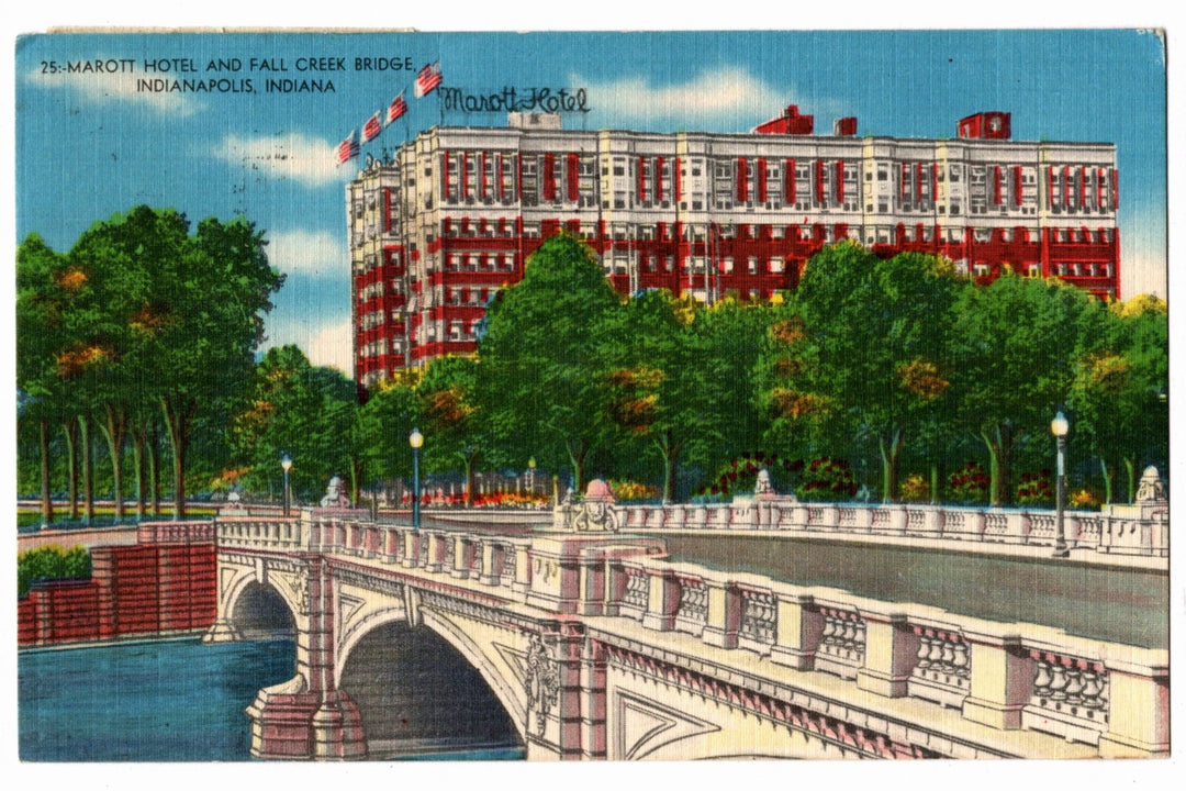 Vintage postcard of the Marrott Hotel and Fall Creek Bridge in Indianapolis, Indiana.