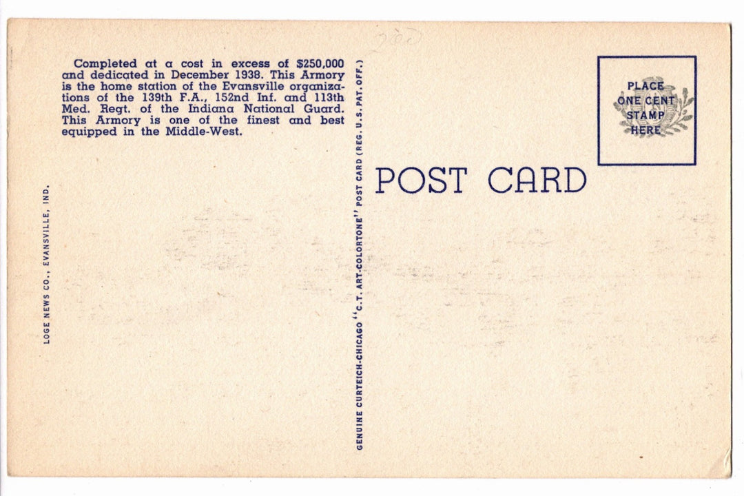 1939 Evansville National Guard Armory Indiana Vintage Postcard