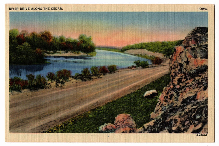 Vintage postcard of a scenic view along River Drive along the Cedar, Iowa.
