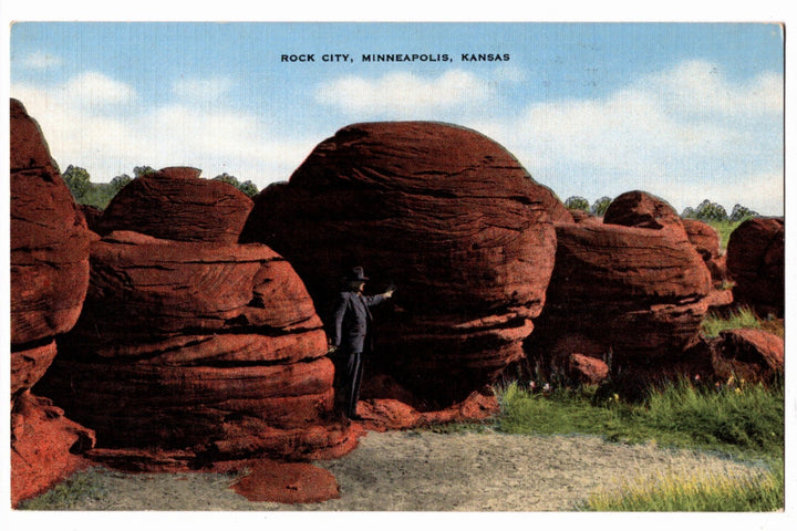  1940 Man at Rock City Minneapolis Kansas Vintage Postcard.