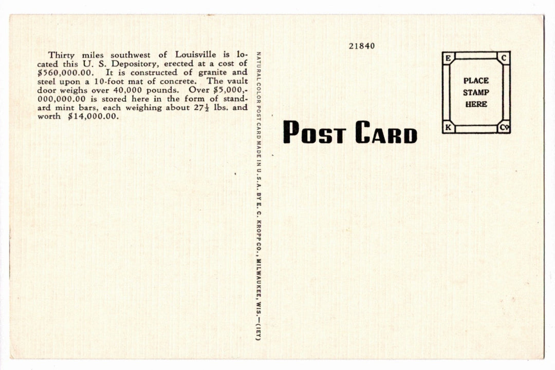1940 Fort Knox Kentucky Vintage Postcard, United States Gold Depository