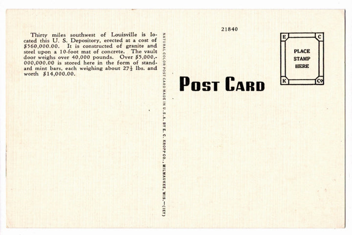 1940 Fort Knox Kentucky Vintage Postcard, United States Gold Depository