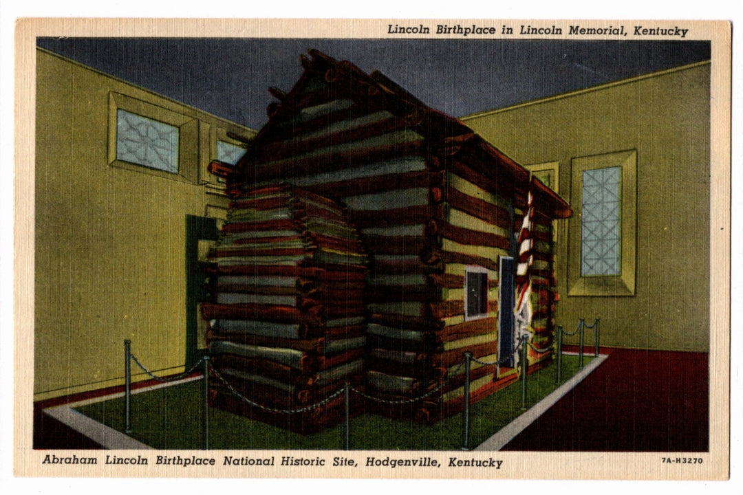Log cabin replica at Abraham Lincoln Birthplace National Historic Site in Hodgenville, Kentucky vintage postcard.