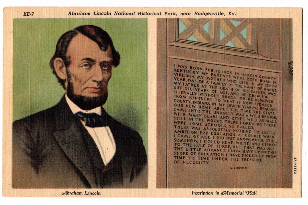 Vintage postcard of Abraham Lincoln with an inscription, featuring a portrait on the left and text on the right.