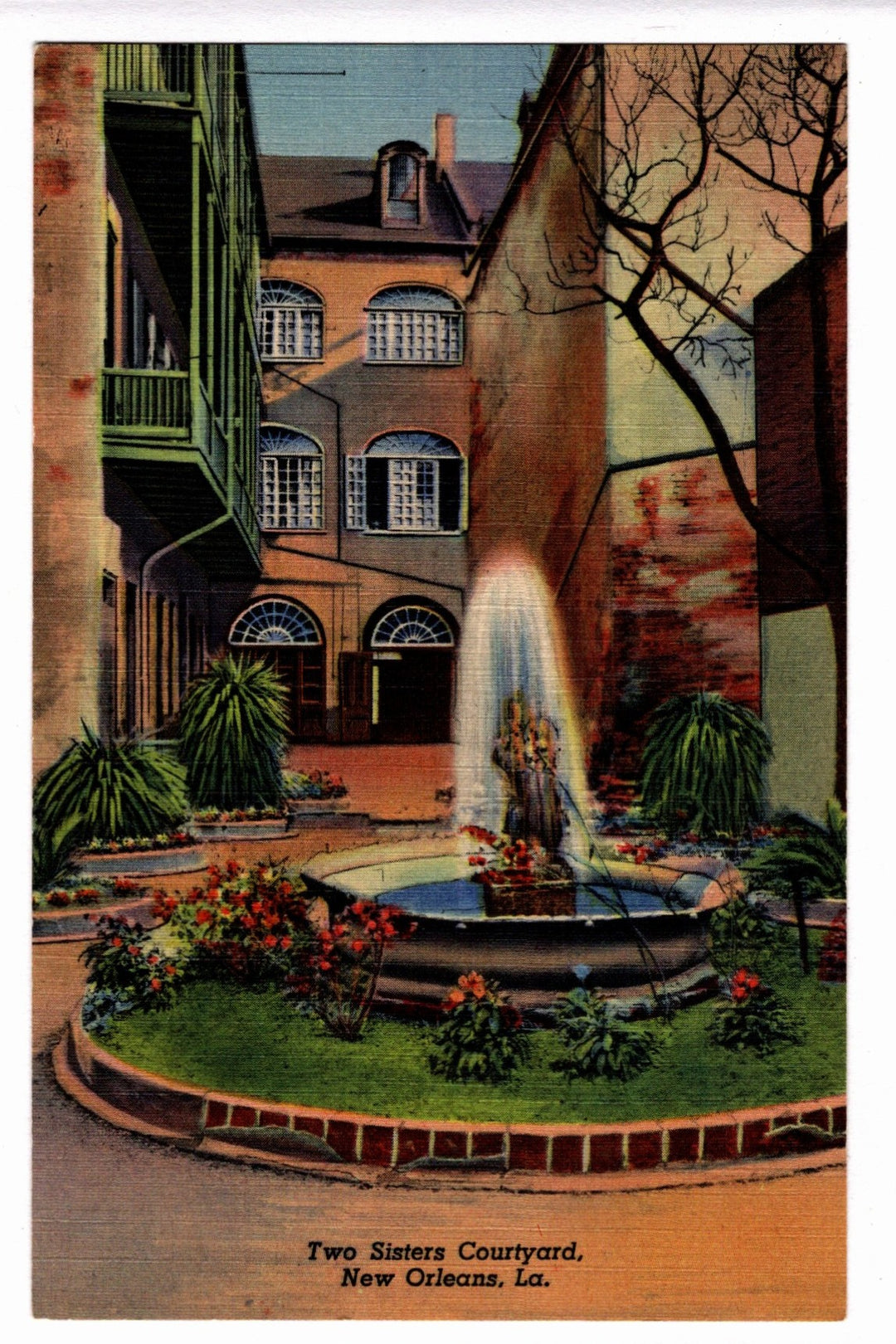 Vintage postcard of Two Sisters Courtyard in New Orleans, featuring a fountain and garden.