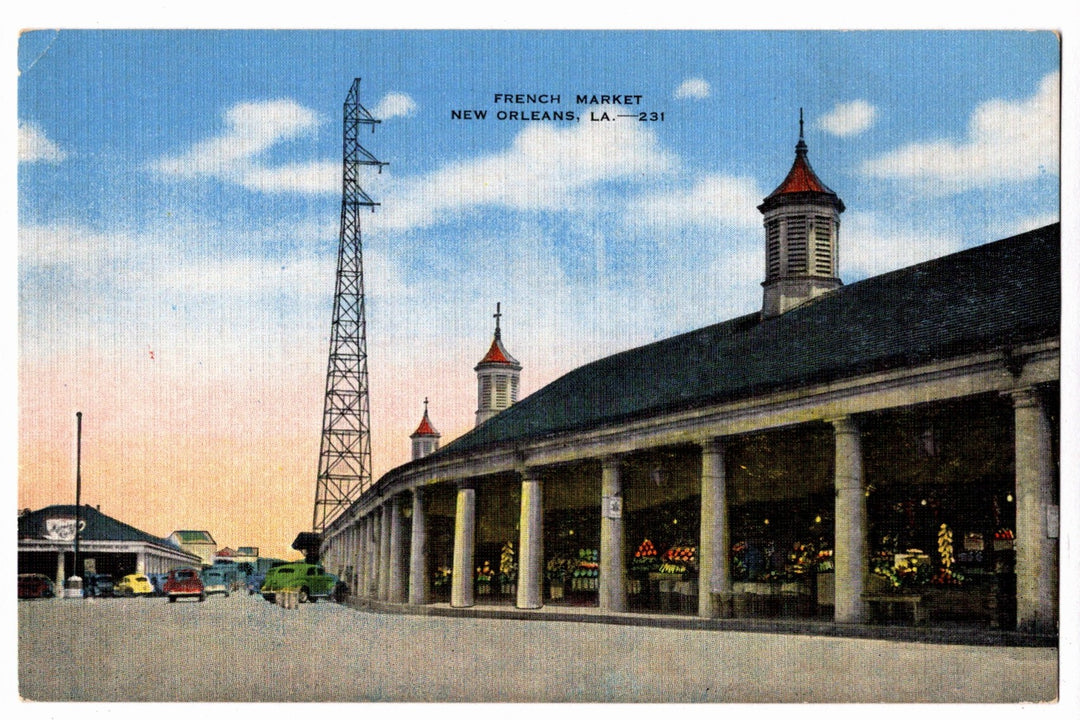 Vintage postcard of the French Market in New Orleans, Louisiana.