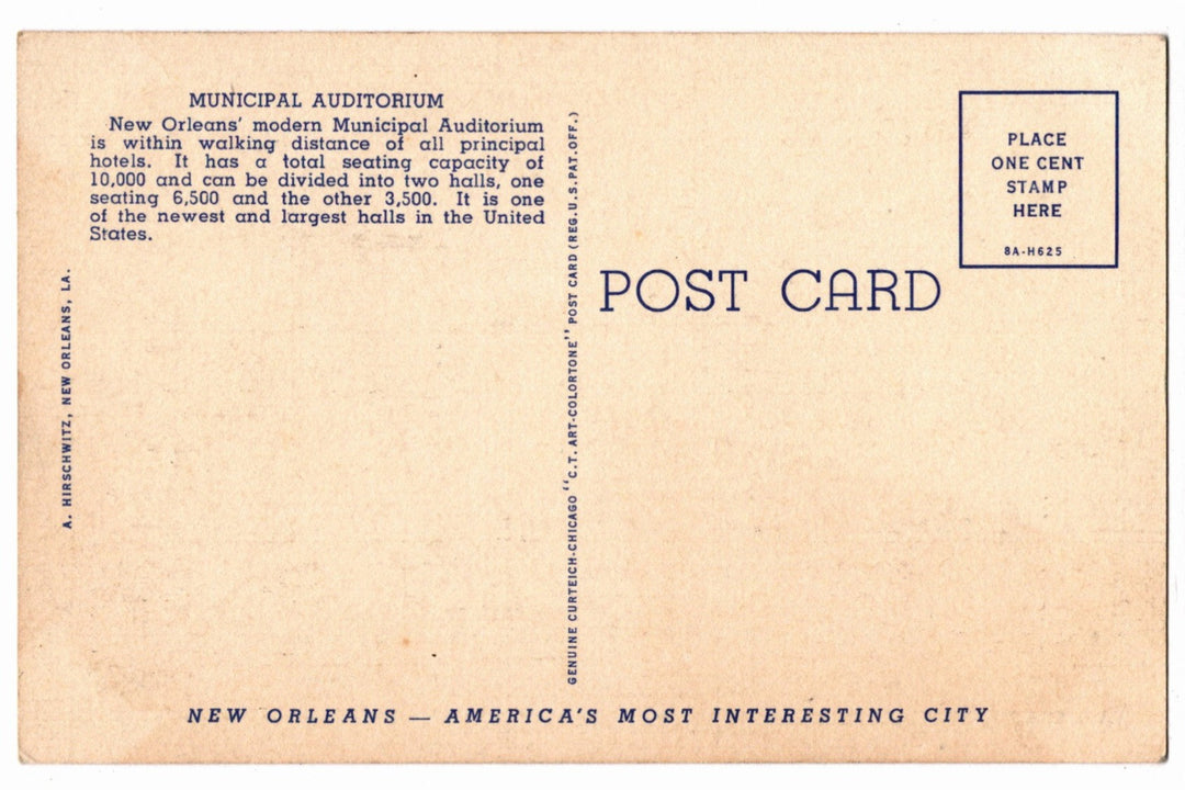 1938 Municipal Auditorium New Orleans Louisiana Vintage Postcard