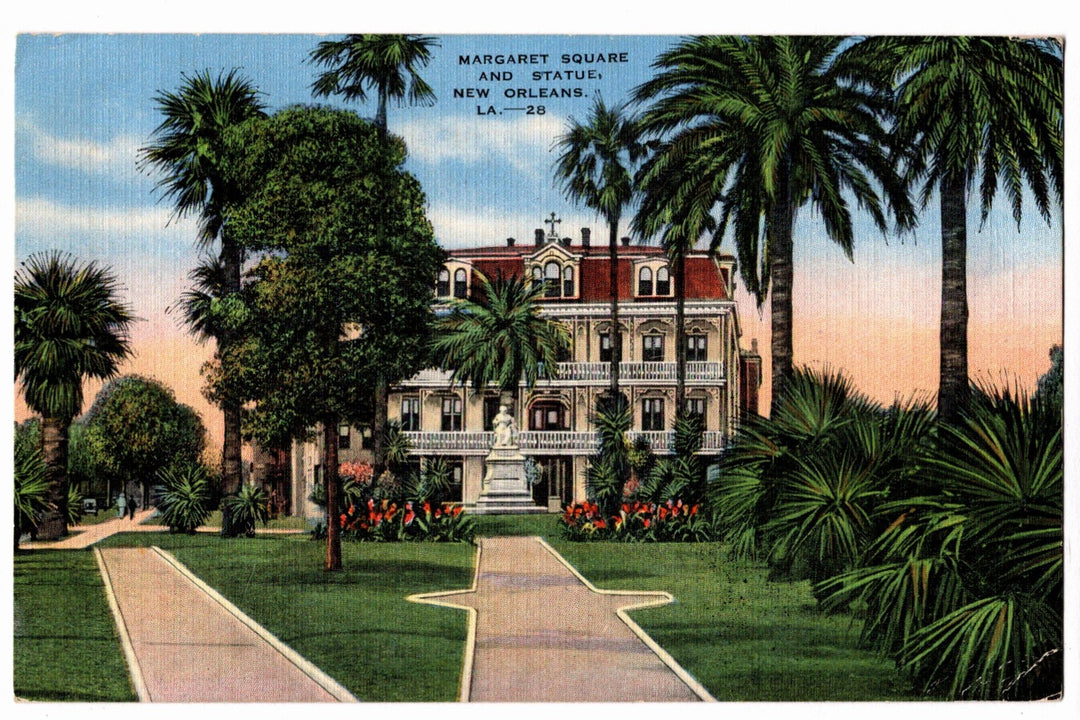 Vintage postcard of a Margaret Mansion Square and Statue with palm trees and a garden in New Orleans, Louisiana.