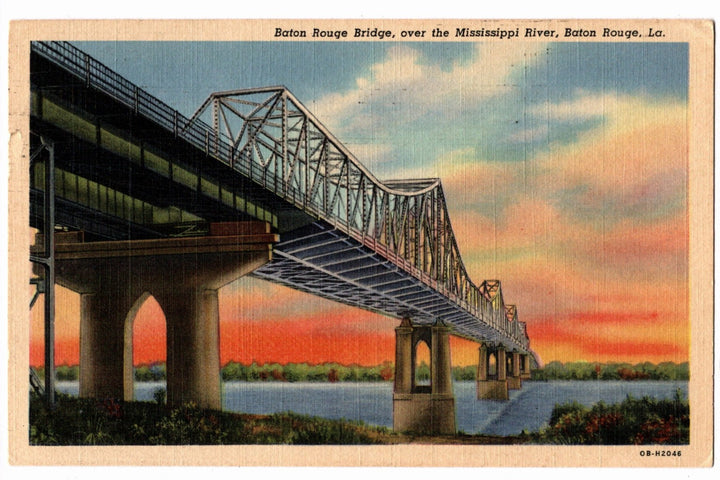Vintage postcard of Baton Rouge Bridge over the Mississippi River at sunset.