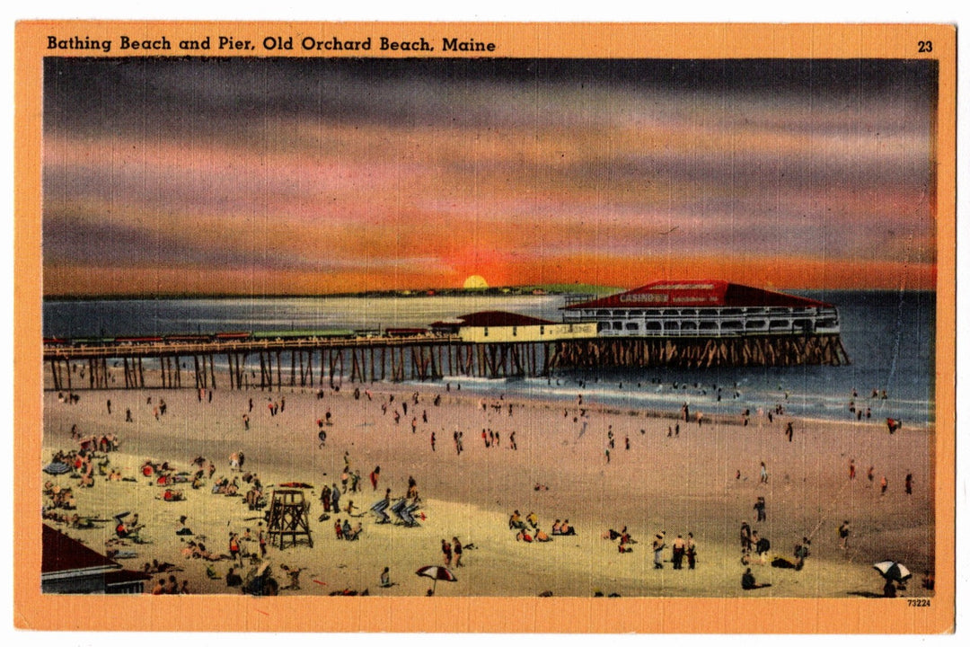 Vintage postcard  of a beach scene with a pier and sunset, labeled 'Bathing Beach and Pier, Old Orchard Beach, Maine'.