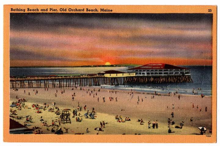 Vintage postcard  of a beach scene with a pier and sunset, labeled 'Bathing Beach and Pier, Old Orchard Beach, Maine'.