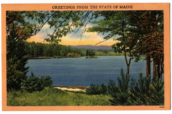 Vintage postcard of a lake surrounded by trees with 'Greetings from the State of Maine' text at the top.