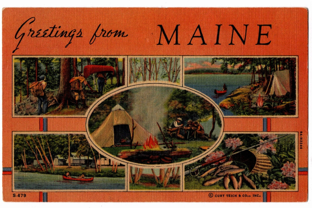 Vintage postcard with scenic views of Maine and text 'Greetings from Maine'.