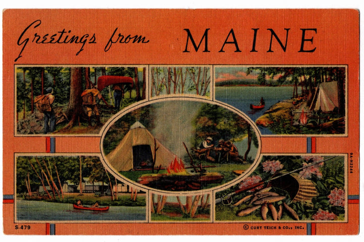 Vintage postcard with scenic views of Maine and text 'Greetings from Maine'.