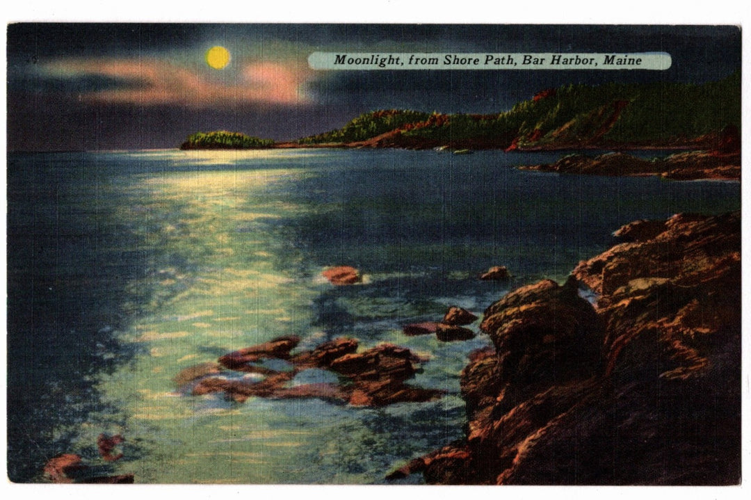 Vintage linen postcard of a moonlit scene from Shore Path, Bar Harbor, Maine.