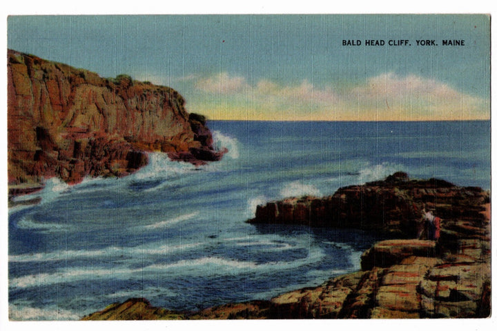 Vintage postcard of Bald Head Cliff in York, Maine with rocky coastline and ocean waves.