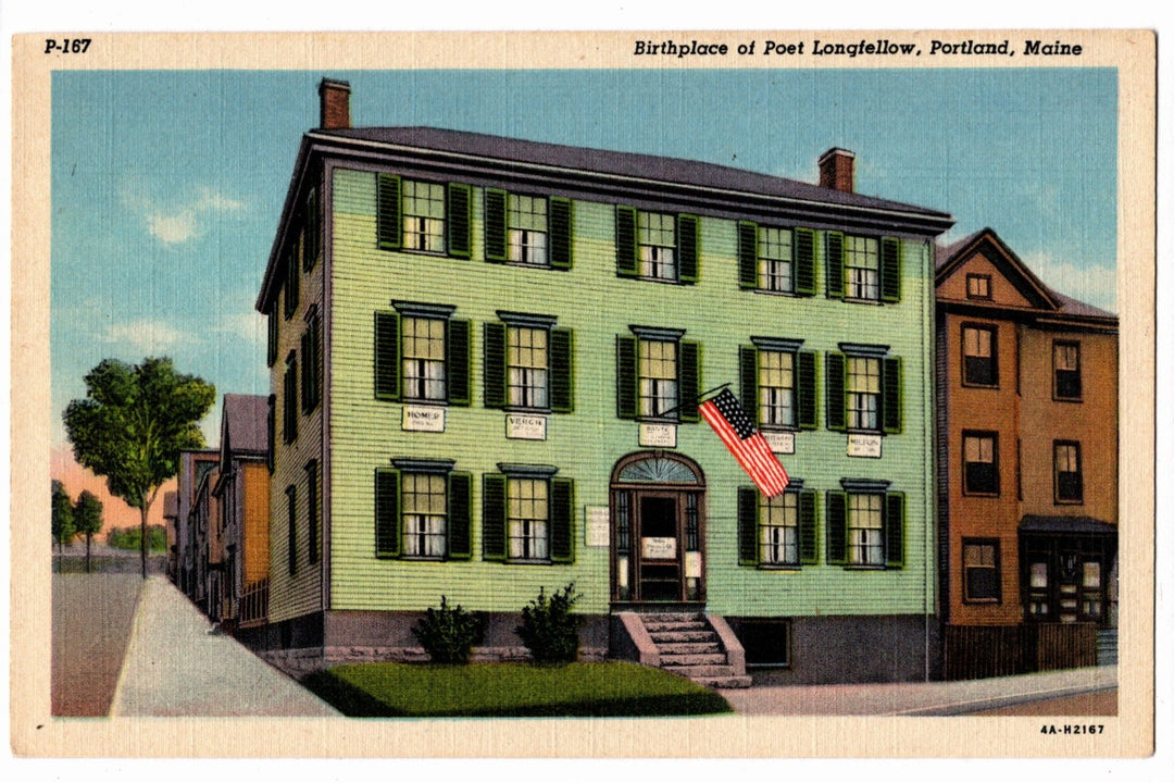 Colorful vintage postcard of a building in Portland, Maine, labeled 'Birthplace of Poet Longfellow'.