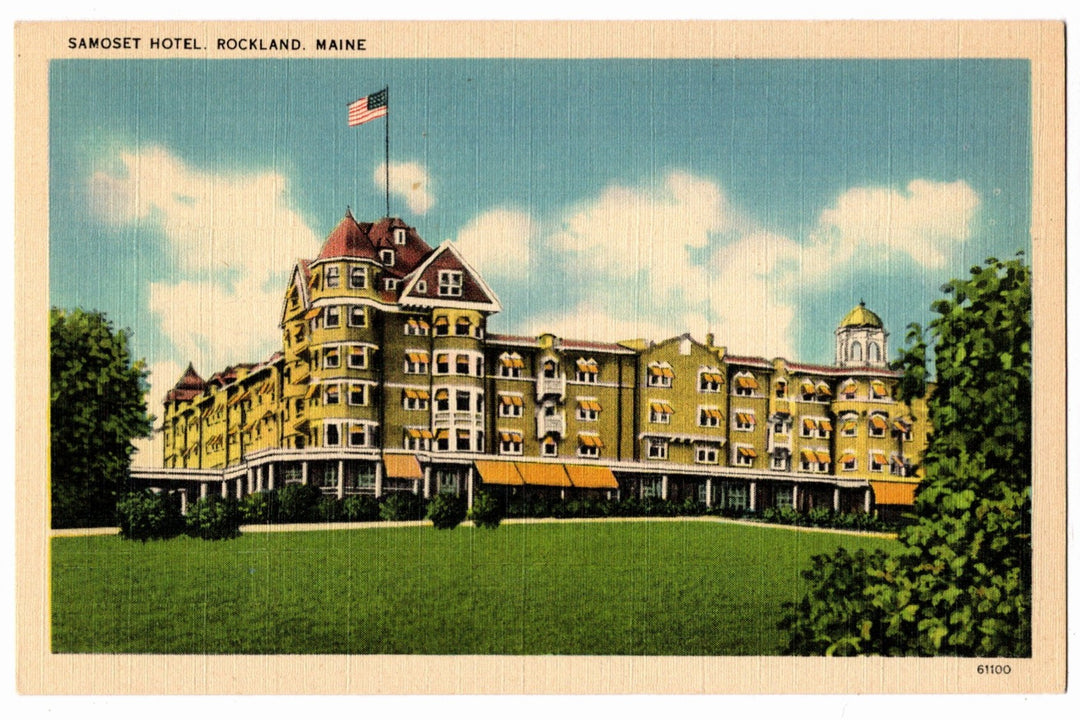 Vintage linen postcard of the Samoset Hotel in Rockland, Maine with a clear sky.