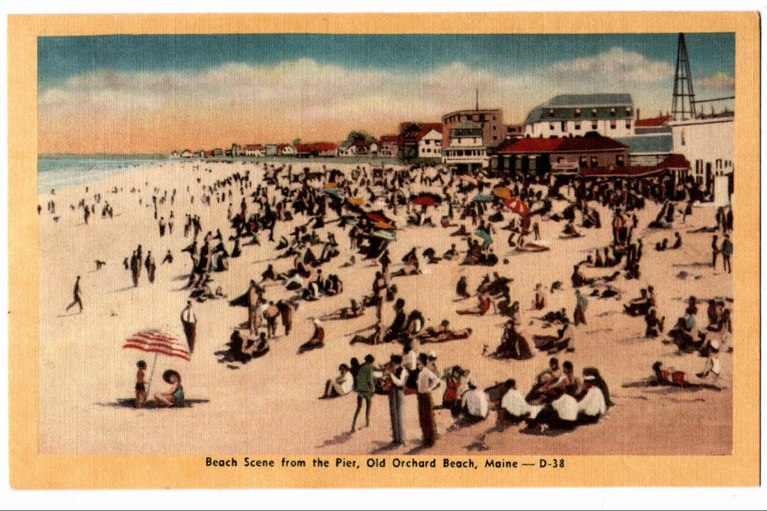 1938 Beach Scene from the Pier Old Orchard Beach Maine Vintage Postcard.