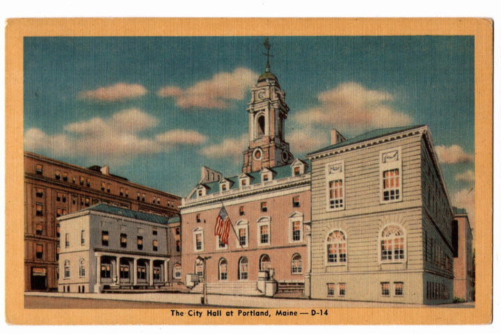 Vintage postcard of City Hall at Portland, Maine with a clear sky.