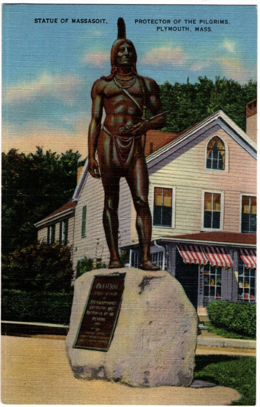 1940s Statue of Massasoit Plymouth MA Postcard.