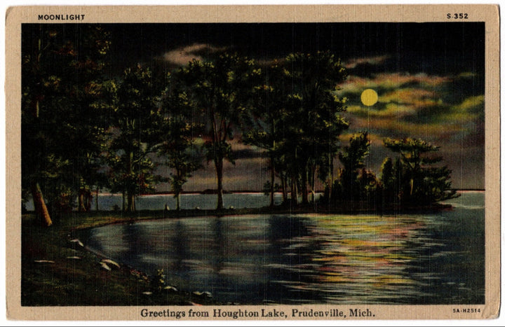 1935 Greetings from Houghton Lake Prudenville MI Postcard.