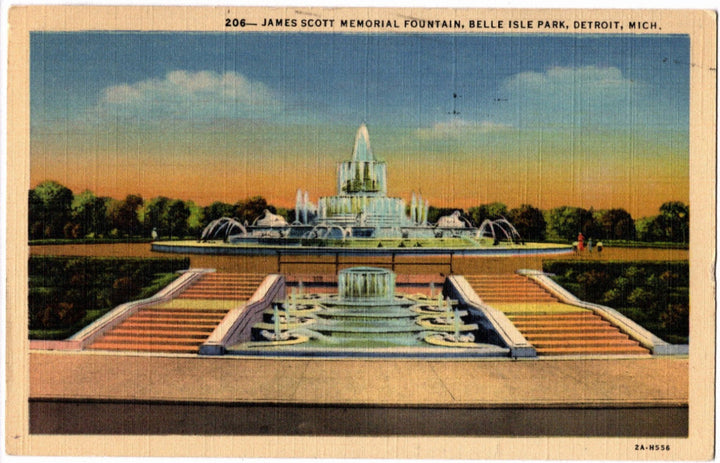1932 James Scott Fountain Belle Isle Park Detroit MI Postcard.